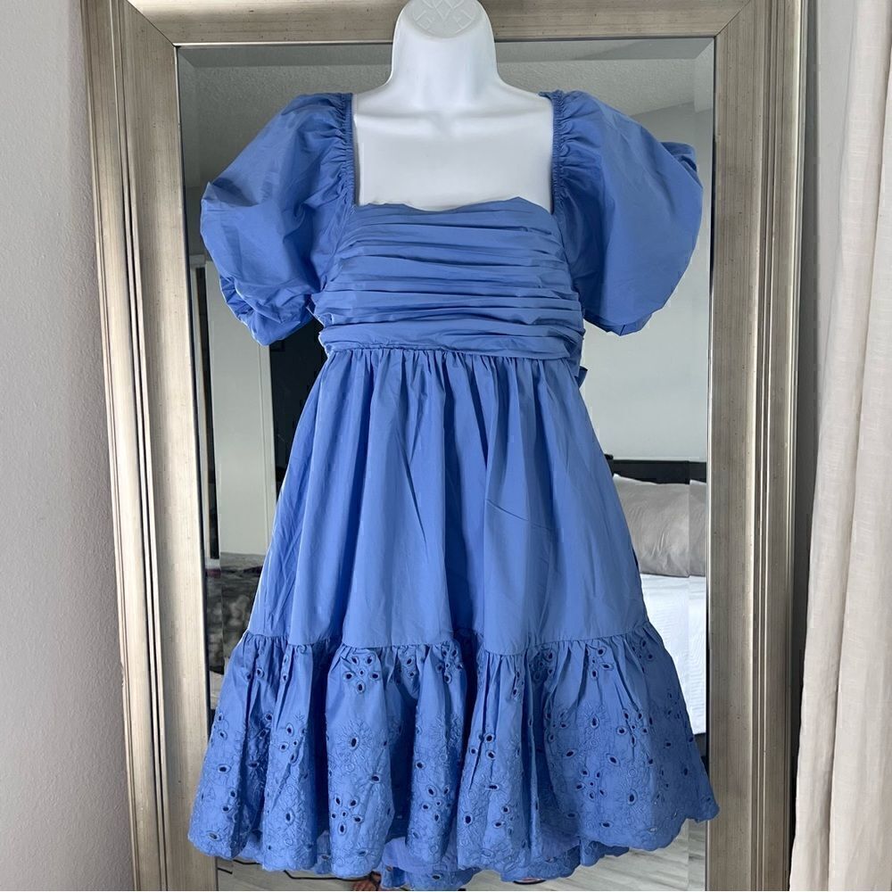 EN SAISO Puff Sleeve Tie Back Ruffle Hem Dress Size M